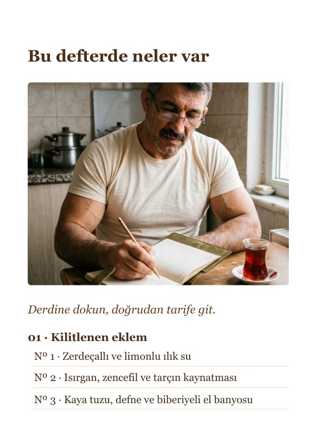 Dedemin Defteri'nin içindekiler sayfası, derde göre ayrılmış tarifler